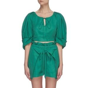 Cult Gaia Johanna' Puff Sleeve Crop Linen Top In Green Size XS